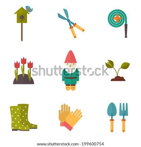 Gardening tools, garden icons set, flat design vector