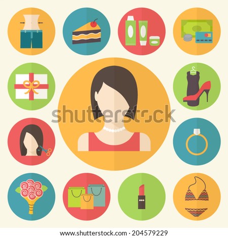 Woman beauty, shopping preferences and wishes. Vector illustration.