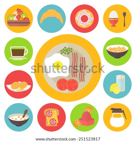 Morning breakfast icons set. Sunny side up eggs, drinks and different meal. Flat style vector