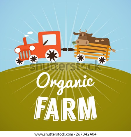 Organic Farm poster. Tractor with trailer, eco product market