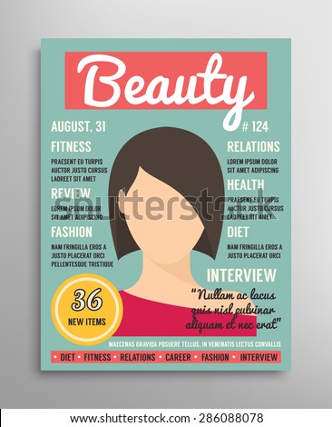 Magazine cover template about beauty, fashion and health for women. Vector illustration