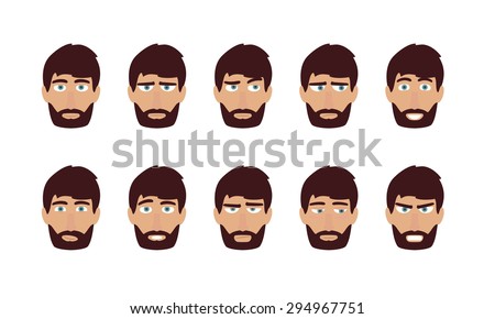 Man face emotions and expressions - happy, sad, angry. Flat vector user profiles avatar.