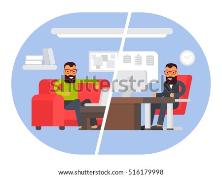 Freelancer vs business office worker. Comparing remote work with freelance working place. Businessman at work. Flat design vector illustration.