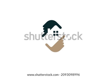 Real Estate Agency Symbol Design. Vector Logo Template. A property dealer company emblem of 2 hands targeting property and forming a house in the middle. Isolated real estate realtor logo symbol of a 