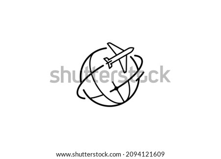 World Travel Minimal Symbol Design. Vector Logo Template. A holiday vacation travel agency company logo of a world silhouette and an airplane icon representing an abroad journey tour around the world 