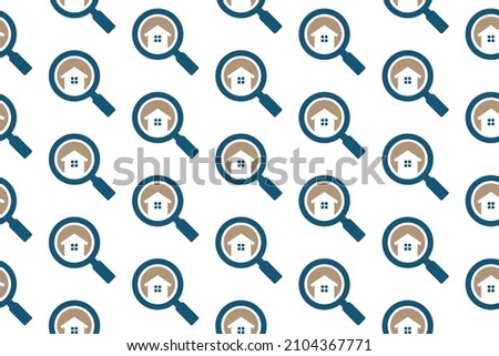 Real Estate Agency Seamless Pattern Design. Vector Pattern Template. Repeating geometric pattern illustration of a modern emblem of magnifying glass and house icon. Isolated real estate realtor logo s