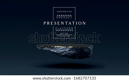 Stone podium for product presentation display. Marble black and gold Pedestal, Product Stand. Blank for mockup design. Minimalistic object placement, cosmetic product stone plate platform