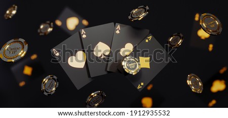 Casino chips and cards on black background. Casino game golden 3D chips. Online casino background banner or casino logo. Black and gold chips. Gambling concept, poker mobile app icon. 3D rendering