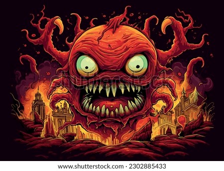 Color illustration of monster, zombie pumpkin head. Isolated on black background. Halloween theme