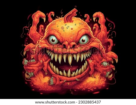 Color illustration of monster, zombie pumpkin head. Isolated on black background. Halloween theme