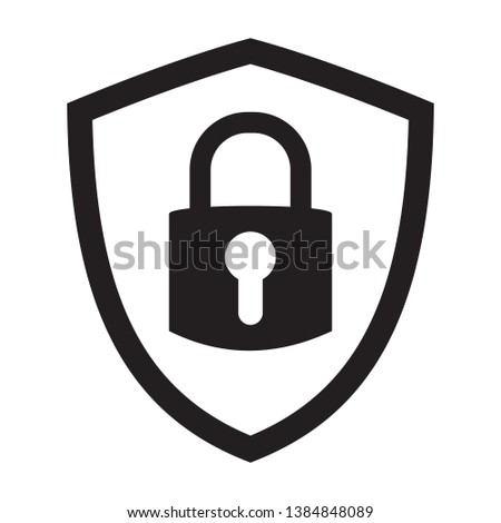 Shield security with lock symbol. Protection, safety, password security vector icon illustration. Firewall access privacy sign. Lock security icon for login page. Website guard emblem.