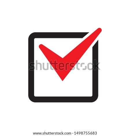 Red tick icon vector symbol, checkmark isolated on white background, checked icon or correct choice sign, check mark or checkbox pictogram