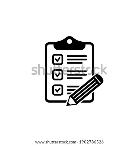 Clipboard with checklist and pencil vector icon. Black illustration isolated on white background for graphic and web design.