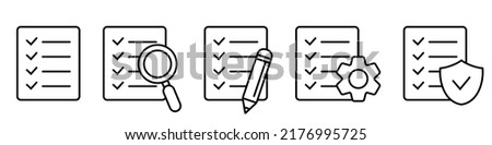 Set of checklist line icons. Checklist with magnifier glass, pencil, gear, shield. Isolated vector icons.