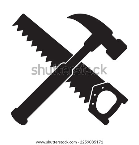 Hammer and saw  silhouette, woodworker tool icon, woodworking vector symbol.