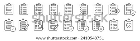 Set of clipboard with checklist icons. Clipboard line icon. Checklist with gear, magnifier and pencil. symbol for web site and app design. Vector illstration.