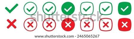 Right or wrong icons. Green tick and red cross checkmarks. Yes or no symbol, approved or rejected icon for user interface.