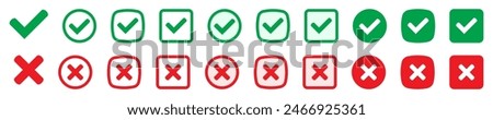 Right or wrong icons. Green tick and red cross checkmarks. Yes or no symbol, approved or rejected icon for user interface.