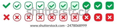 Right or wrong icons. Green tick and red cross checkmarks. Yes or no symbol, approved or rejected icon for user interface.