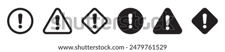 Alert icon. Warning sign and symbol. Exclamation mark in triangle, circle and rombus.