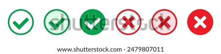 Right or wrong icons. Green tick and red cross checkmarks. Yes or no symbol, approved or rejected icon for user interface.