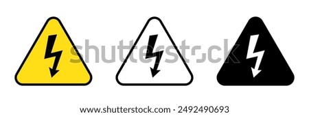 High voltage sign and icon. Warning electricity symbol. Alert, hazard and danger, caution electrical icon. Triangle with lightning sign.