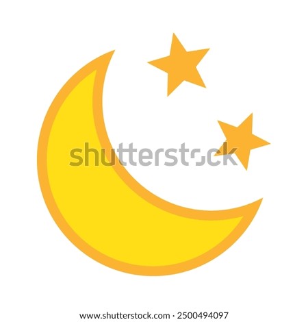 Yellow crescent moon with stars icon on white background. Night icon. Crescent moon icon. Minimalist style.