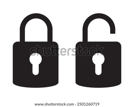 Padlock icon, security icon. Black locked unlocked padlock icon.