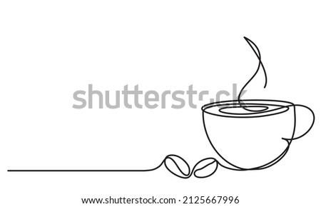 Cup of coffee and coffee bean. Hot. Aroma of coffee. 
Continuous line drawing