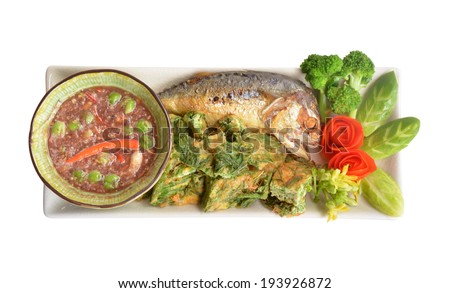 Fried Mackerel fish,chili sauce ,and fried vegetable with egg