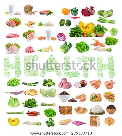 Food sources of complex carbohydrates,protein,vegetables isolated on white background.