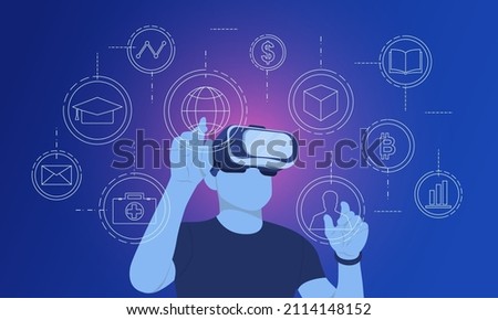 Man wearing VR glasses virtual Global Internet connection metaverse with a new experience in metaverse virtual world. Metaverse technology concept Innovation of futuristic.Vector illustration.