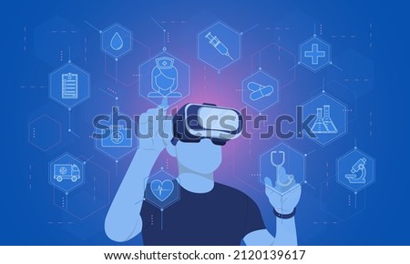 Man wearing VR glasses virtual Global Internet connection metaverse with a new experience in metaverse virtual world. Digital health, innovative healthcare and technology. Vector illustration.