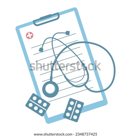 Clipboard with stethoscope, medical check form report, health checkup. Vector illustration on flat stile.