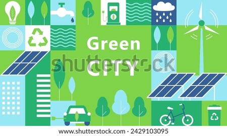 Green city horizontal banner in simple minimal geometric flat style. Ecology and sustainable poster,flyer with solar panels, wind turbines, buildings and trees - eco and green energy concept.Vector.