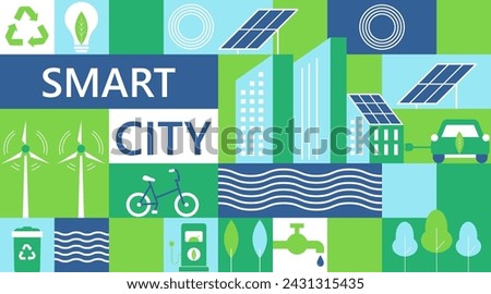 Green city, smart city concept, modern design. Geometric urban landscape, banner and poster. Design Vector Illustration. Environment, Renewable Energy, Clean Energy, Zero Waste.