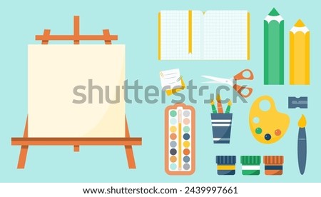 Art supplies, tools set. Paints palettes, brushes, pencils, sketchbook, easel and canvas. Painters equipment, drawing stationery. Flat graphic vector illustrations isolated  set.