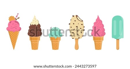 Set of tasty ice creams. Sweet summer delicacy sundaes,gelatos with different tasties,collection isolated ice-cream cones and popsicle with different topping.Vector illustration for web,design, print.