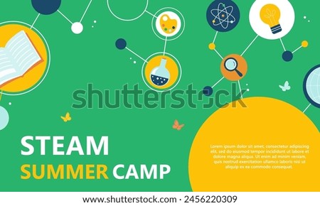 Steam Education Kids Summer Camp Colorful Geometric Poster.  Science, Technology, Engineering, Arts, Mathematics. Vector illustration.