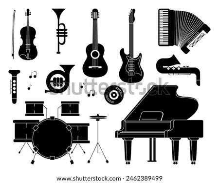 Set of silhouettes of musical instruments of different types: guitar, trumpet, violin, piano, drum, accordion. Isolated vector illustration for music store icon, musical instrument store, poster.