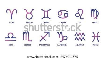 Zodiac signs  set. Isolated horoscope zodiac symbols :  Aries, Taurus, Gemini, Cancer, Leo, Virgo, Libra, Scorpio, Sagittarius, Capricorn, Aquarius, and Pisces. Zodiac astrology vector illustration.