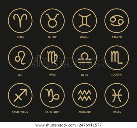 Zodiac signs  set. Isolated horoscope zodiac symbols :  Aries, Taurus, Gemini, Cancer, Leo, Virgo, Libra, Scorpio, Sagittarius, Capricorn, Aquarius, and Pisces. Zodiac astrology vector illustration.