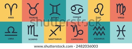 Zodiac signs  set. Isolated horoscope zodiac symbols :  Aries, Taurus, Gemini, Cancer, Leo, Virgo, Libra, Scorpio, Sagittarius, Capricorn, Aquarius, and Pisces. Zodiac astrology vector illustration.