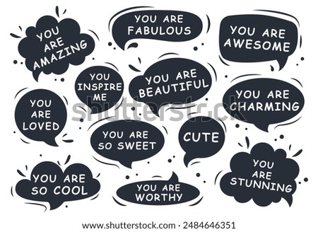 Set of speech bubbles with compliment phrases, love quotes. Vector illustration.