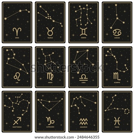 Zodiac astrology horoscope cards , collection of 12 zodiac signs with titles. Aries, Taurus, Leo, Gemini, Virgo, Scorpio, Libra, Aquarius, Sagittarius, Pisces, Capricorn, Cancer. Vector.