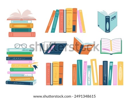 Stacks of books for reading, pile of textbooks for education. Set of literature, dictionaries, encyclopedias. Book festival, books sale, back to school concept design. Vector illustration.