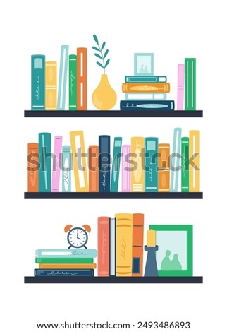 Bookshelf in library room, office shelf, wall, interior, bookshelf, vector background. Flat vector illustration isolated on white background.