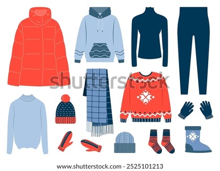 Collection of winter clothes and outerwear isolated on white background - wool jumper, sweater, down jacket, winter boots, scarf, hat, mittens, gloves. Set of seasonal clothing. 