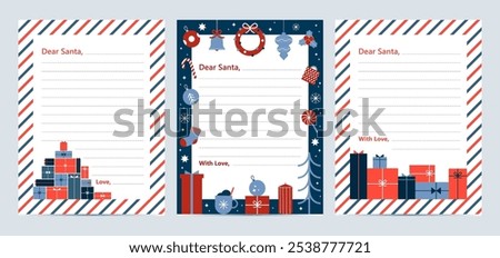 Christmas letter to Santa with blank template, Christmas postcard to Santa Claus with wish list and empty lines for filling by children during winter holidays celebration. Vector illustration.