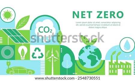 Net zero and carbon neutral concept. Environment web banner. Net zero greenhouse gas emissions target. Climate neutral strategy with green net zero icons.  Vector illustration. 